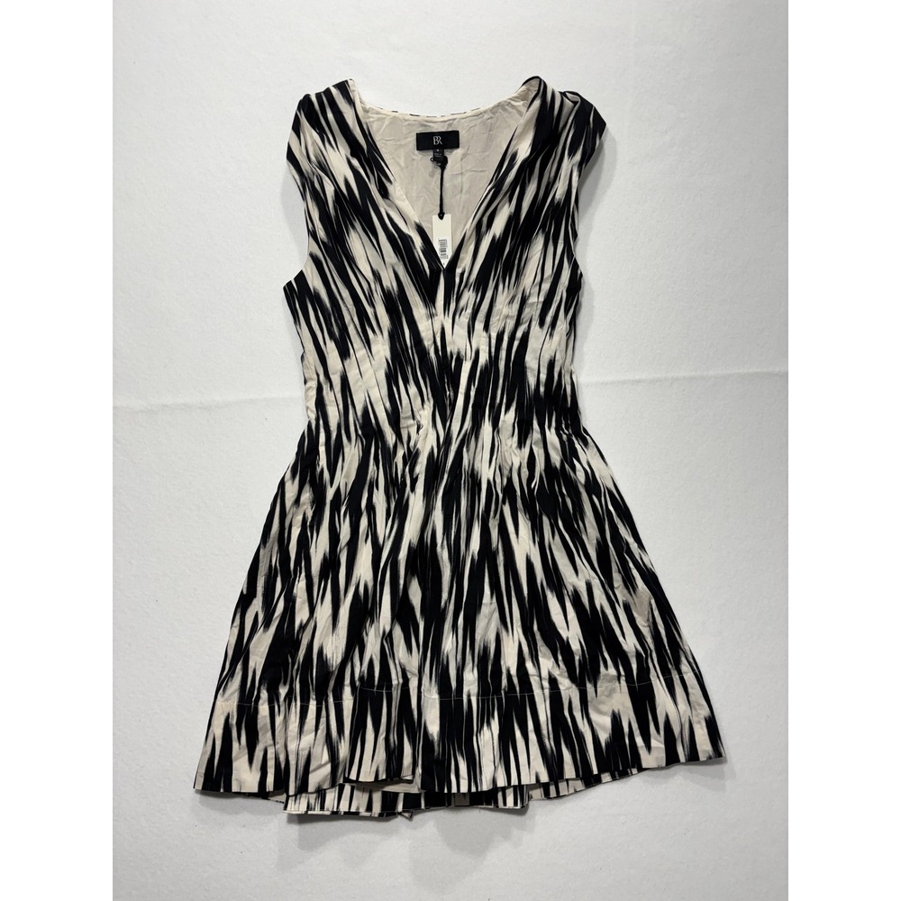 Banana Republic Dress Womens 8 Black White Abstract V Neck Sleeveless Fit Flare